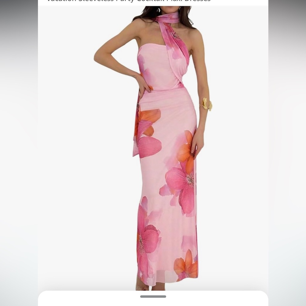Pink and Orange Strapless Dress with scarf